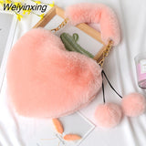 Weiyinxing Faux Fur Heart-shaped Women Small Handbags Fluffy Plush Ladies Chain Shoulder Bag Fashion Female Furry Daily Clutch Purse
