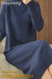 Weiyinxing Navy Blue Long Midi Dress Women Cashmere Autumn Winter Knitted Sweater Dress Loose Casual Vintage Pullovers Party X890