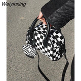 Weiyinxing Checkerboard Black and White Boston Bag Mini Cute Flower Pendant High Capacity Handbag Messenger Bag Purses Handbags