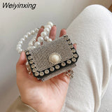 Weiyinxing Diamond Fanny Waist Bag Mini Crossbody Bag 2023 Shiny Women Designer Handbag Pearl Strap Party Shoulder Bag Lipstick Bag