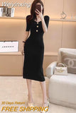 Weiyinxing Women Elegant Dress Designer Solid Color Short Sleeve Knitted Midi Dress 2023 Summer Casual Chic Button Slim Sweater Dress P531