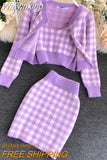 Weiyinxing Sweet Knit Plaid Cardigans + Camisole + Skirts 3pcs Sets Girls Short Sweater Coat + Vest + Mini Skirt Suits Women Outfits