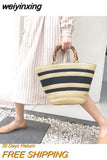 weiyinxing bamboo handle women handbags casual striped bucket bag large capacity rattan straw bags wicker summer beach travel purse