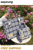 weiyinxing Canvas Plaid Totes Bag Female Pearl Chain Shoulder Crossbody Bag Ladies Blue Large Capacity Handbags Retro Commuter Bags