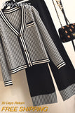 Weiyinxing Autumn Knit 2 Piece Set Women Houndstooth Cardigan Sweater + Wide-Leg Pants Two Piece Outfits Women Crop Top Trousers Suits