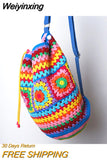 Weiyinxing Crochet Barrel Shaped Women Shoulder Bags Knitted Granny Square Backpacks Handmade Woven Handbag Casual Travel Bag 2023