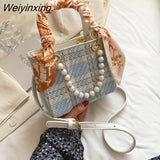 Weiyinxing Purse Messenger Bag Simple Women Totes Ribbon Handbag Pearl Ladies Shoulder Bag Vintage Crossbody Bag for Women 2023