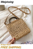 Weiyinxing Women Basket Straw Bags Wood Handle Shoulder Crossbody Bags Casual Designer Rattan Woven Summer Travel Handbag Female Beach Bags