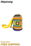 Weiyinxing Crochet Barrel Shaped Women Shoulder Bags Knitted Granny Square Backpacks Handmade Woven Handbag Casual Travel Bag 2023