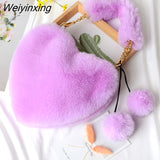 Weiyinxing Faux Fur Heart-shaped Women Small Handbags Fluffy Plush Ladies Chain Shoulder Bag Fashion Female Furry Daily Clutch Purse