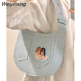 Weiyinxing American Angel Denim Women's Bag Shoulder Bag Baseball Messenger Bag Handbag Coin Purse Large Capacity Cute Side Bags