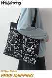Weiyinxing Tote Bags for Women 2023 Casual Shopper Cute Cats with Zipper Designer Handbag Japanese Style Cartoon Small Shoulder Bags