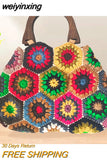 weiyinxing Granny SquareCrochet Women Handbags Vintage Wooden Knitted Hand Bags Handmade Woven Large Tote Big Shopper Purses 2023