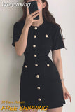 Weiyinxing Knitted Mini Dress 2023 Spring Summer Elegant O-neck Party Black Slim Button Bodycon Dress Feminina Sweater Dress P589