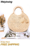 Weiyinxing Straw Bag Rattan Woven Round Tassel Handbag For Women Large Capacity Shoulder Tote Purse Ladies Holiday Wood Handle Bag