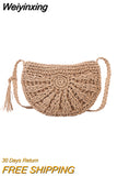 Weiyinxing Half Round Straw Bag for Women Summer Beach Rattan Shoulder Bag Zipper Woven Half Moon Crossbody Handbags Vacation Bag