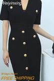 Weiyinxing Neck Knitted Dress Slim Women Sheath Party Elegant Dress Metal Buttons Vintage Short Sleeve Bodycon Office Lady Dresses N957