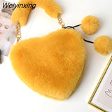 Weiyinxing Faux Fur Heart-shaped Women Small Handbags Fluffy Plush Ladies Chain Shoulder Bag Fashion Female Furry Daily Clutch Purse