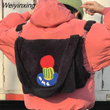 Weiyinxing Winter California Vintage Plush Embroidery Lamb Fleece Cotton Inner Core Backpack Crossbody Bag Tote Bag Shoulder Bags
