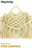 Weiyinxing Tassel Fishnet Tote Bag Designer Hollow Rope Woven Women Handbags Summer Beach Straw Bags Casual Bali Small Purses 2023