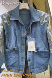 Weiyinxing Autumn Ins Embroidery Rhinestone Denim Coat 2023 Women Loose Slim Jean Jacket Long Sleeves Fashion Cowboy Outwear