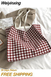 Weiyinxing Totes Bag for Women 2023 Girls Designer Handbag Shopper Casual Vintage Houndstooth Large Capacity Reusable Shoulder Bag