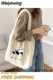 Weiyinxing Women Lamb Like Fabric Shoulder Bag Simple Canvas Handbag Tote Large Capacity Embroidery Shopping Bag Cute Book Bags For Girls