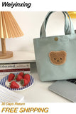 Weiyinxing Color Women Canvas Clutch Purse Handbags Cute Embroidered Bear Ladies Lunch Bento Bags Female Shopper Small Shoulder Bag