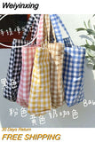 Weiyinxing Cotton Women Lunch Bento Bag Vintage Plaid Canvas Ladies Small Handbags Simple Female Cloth Mini Tote Bag Clutch Purse