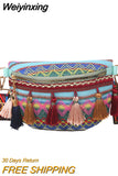 Weiyinxing Women Folk Style Waist Bags with Adjustable Strap Variegated Color Fanny Pack with Fringe Decor Pochete Feminina Riñonera Belt