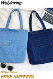 Weiyinxing Large Capacity Women Shoulder Bags Wild Casual Handbag Street Canvas Denim Shoulder Bag Solid Color Zipper Shopping Bag