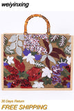 weiyinxing Bamboo Handle Women Handbags Sequins Embroidery Tote Bags Casual Linen Large Capacity Summer Beach Bag Big Female Purse