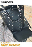 Weiyinxing Rivets Large Bucket Bags Women Purses and Handbags Female High Quality Shoulder Messenger Bags Black Hollow Out