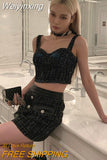 Weiyinxing Fashion Small Fragrant Tweed Two Piece Set Women Sexy Sleeveless Vest Crop Top + Mini Skirt Sets HotSweet 2 Piece Suit