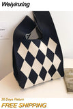 Weiyinxing Wide Striped Handmade Knitted Handbag Minimalist Korean Women Mini Knot Wrist Bag Tote Bag Student Reusable Shopping Bags