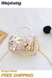 Weiyinxing Design Baby Girls Shoulder Bag Fashion Princess Pearl Handbags Coin Purse Cute Bear Children' Small Square Messenger Bags