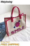 Weiyinxing Canvas Women Cute Smile Handbag Large Capacity Handle Bag Shopping Tote Bag Fashion Simple Shoulder Bag Environmental