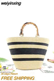 weiyinxing bamboo handle women handbags casual striped bucket bag large capacity rattan straw bags wicker summer beach travel purse