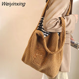 Weiyinxing Shoulder Bags For Women Simple Fashion Warm Fabric Large Capacity Shopping Bag Soft Canvas Tote Ladies Cute Bear Handbags
