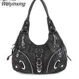 Weiyinxing Washed Shoulder Bags for Women 2023 Classic Fashion Motorcycle Soft Handbags PU Leather Shoppin Bags Chic Crossbody Bag