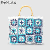 Weiyinxing Granny Square Staw Handbags Casual Paper Woven Bamboo Handle Women Hand Bags Handmade Summe Beach Bag Large Tote Purse