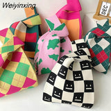 Weiyinxing Handmade Knit Handbag Women Japanese Wrist Knot Bag Wide Stripe Plaid Tote Bag Students Mini Reusable Shopping Bags