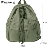 Weiyinxing Double Pocket Women Backpack Female High Quality Canvas Bucket Shoulder Bag Girls Vintage Drawstring Schoolbag Bookbag