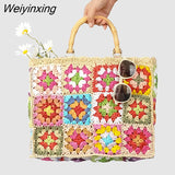 Weiyinxing Granny Square Staw Handbags Casual Paper Woven Bamboo Handle Women Hand Bags Handmade Summe Beach Bag Large Tote Purse