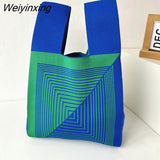 Weiyinxing Knit Reusable Shopping Bags Handbag Women Mini Knot Wrist Bag Japanese Casual Color Wide Stripe Plaid Tote Bag Student