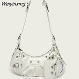 Weiyinxing FASHION Rivet Fashion Luxury Designer Saddle Shoulder Bags for Women PU Leather Biker Style Crossbody Bag Leisure Handbag