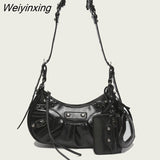 Weiyinxing FASHION Rivet Fashion Luxury Designer Saddle Shoulder Bags for Women PU Leather Biker Style Crossbody Bag Leisure Handbag