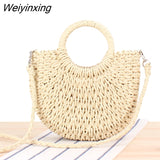 Weiyinxing Handmade Bags for Women Beach Weaving Ladies Straw Bag Wrapped Beach Bag Moon shaped Top Handle Handbags Totes