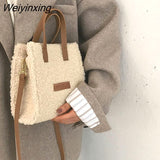 Weiyinxing Women Winter Shoulder Bag Lamb Wool Warm Soft Autumn Ins Square Cross-body Portable Casual Beige Khaki Girls Preppy Style