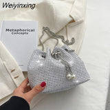 Weiyinxing Diamond Glitter Drawstring Handbags and Purses 2023 Luxury Designer Women's Mini Chain Bucket Shoulder Crossbody Bag